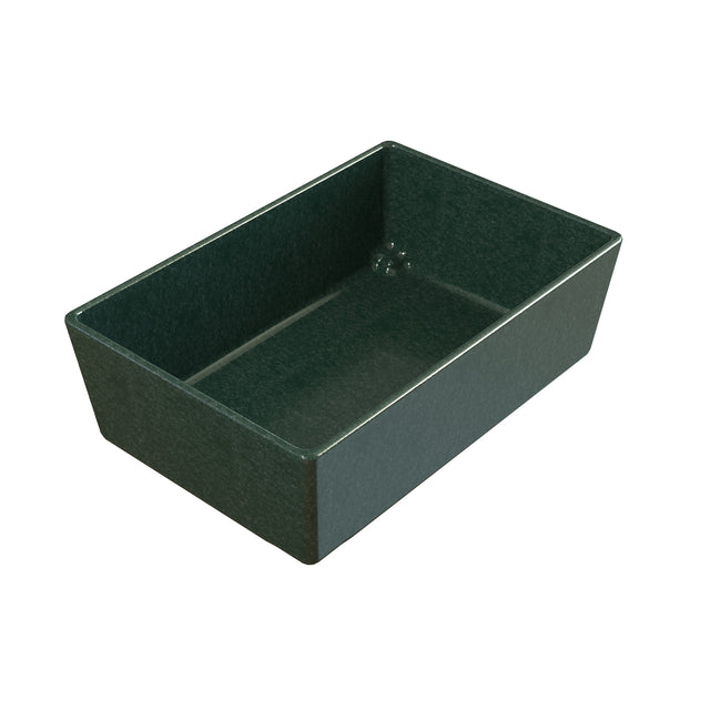 A rectangular, deep, dark green Simple Solutions Bowl with smooth, straight sides and rounded interior corners. This cast aluminum bowl has a glossy finish and unadorned, modern design—ideal for baking, serving, or food storage. NSF certified.