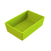 A rectangular, open-top Simple Solutions Bowl in bright green plastic is pictured on a white background. The box has smooth sides, slightly rounded corners, and a glossy finish. It appears empty and clean, viewed from an angle above and to the side.