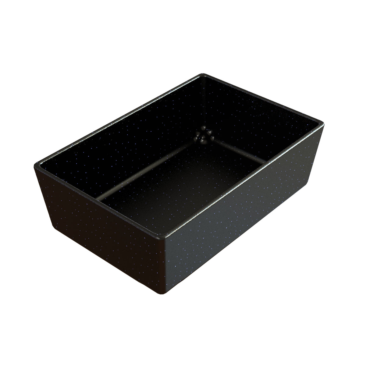 A rectangular, black cast aluminum bowl with slightly angled sides and a glossy finish, featuring small white speckles throughout its surface. The dish is empty and viewed from a high angle, showing both the interior and part of the exterior.
