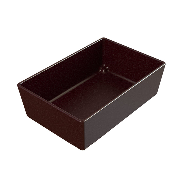 A rectangular, deep, dark-colored Simple Solutions Bowl with slightly angled sides and a smooth, glossy finish. Shown empty on a white background, its NSF-certified design highlights simple functionality for any kitchen.