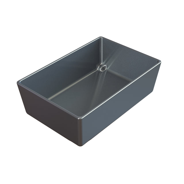 A rectangular, deep, dark gray cast aluminum bowl with straight sides and a small circular indent on one inner wall, shown on a white background. The pan appears empty and is likely used for baking or cooking.