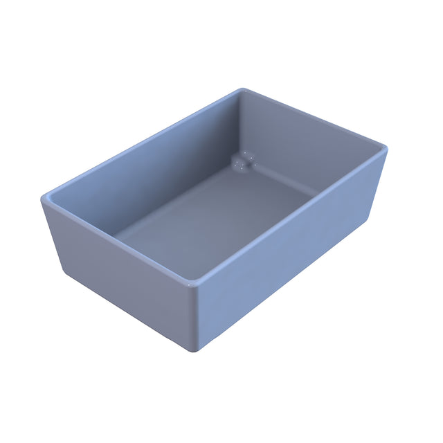 A rectangular, light blue, empty NSF bowl with smooth sides and rounded corners, viewed from a slightly elevated angle on a white background. The container appears clean and is designed for general storage or organizing purposes.
