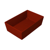 A rectangular, deep, red ceramic baking dish with smooth, glossy surfaces and slightly rounded corners, shown empty against a plain white background, perfect for pairing with your favorite Simple Solutions Bowl.