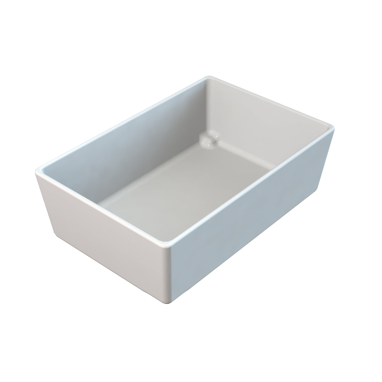 A rectangular, deep white ceramic NSF bowl with smooth sides and a glossy finish, viewed at an angle from above on a plain white background. The interior is clean, and the edges are slightly rounded.