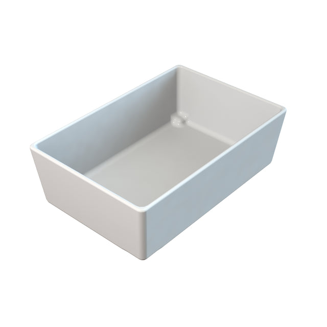 A rectangular, deep white ceramic NSF bowl with smooth sides and a glossy finish, viewed at an angle from above on a plain white background. The interior is clean, and the edges are slightly rounded.