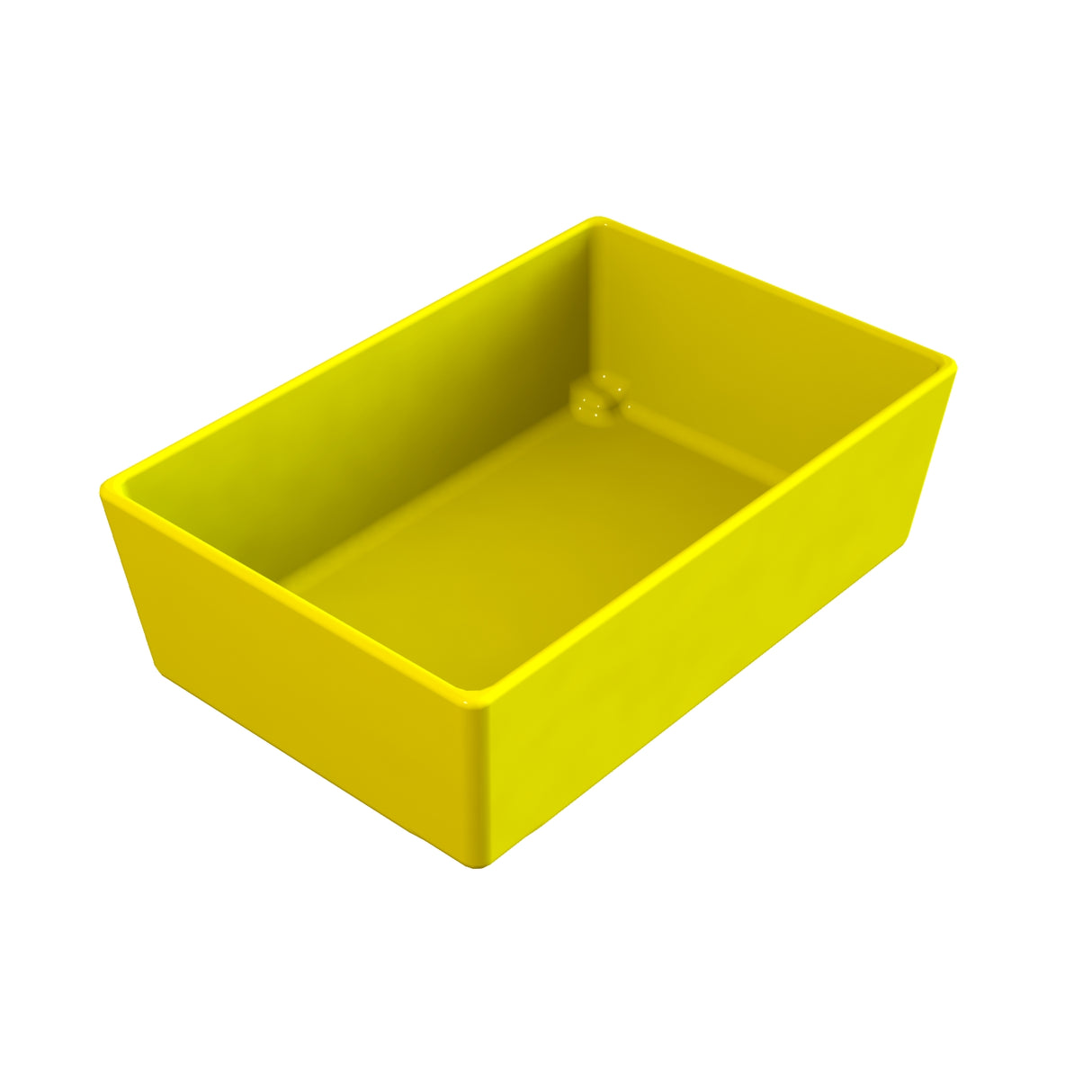 A bright yellow, rectangular plastic storage bin with smooth sides and slightly rounded corners, shown at an angle on a plain white background. The bin is empty, resembling the practicality of a Simple Solutions Bowl, with its interior and edges clearly visible.