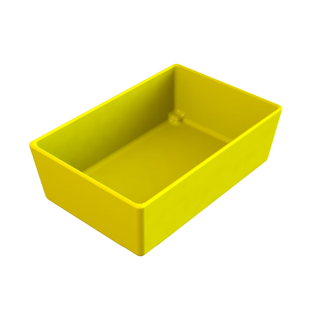 A bright yellow, rectangular plastic storage bin with smooth sides and slightly rounded corners, shown at an angle on a plain white background. The bin is empty, resembling the practicality of a Simple Solutions Bowl, with its interior and edges clearly visible.