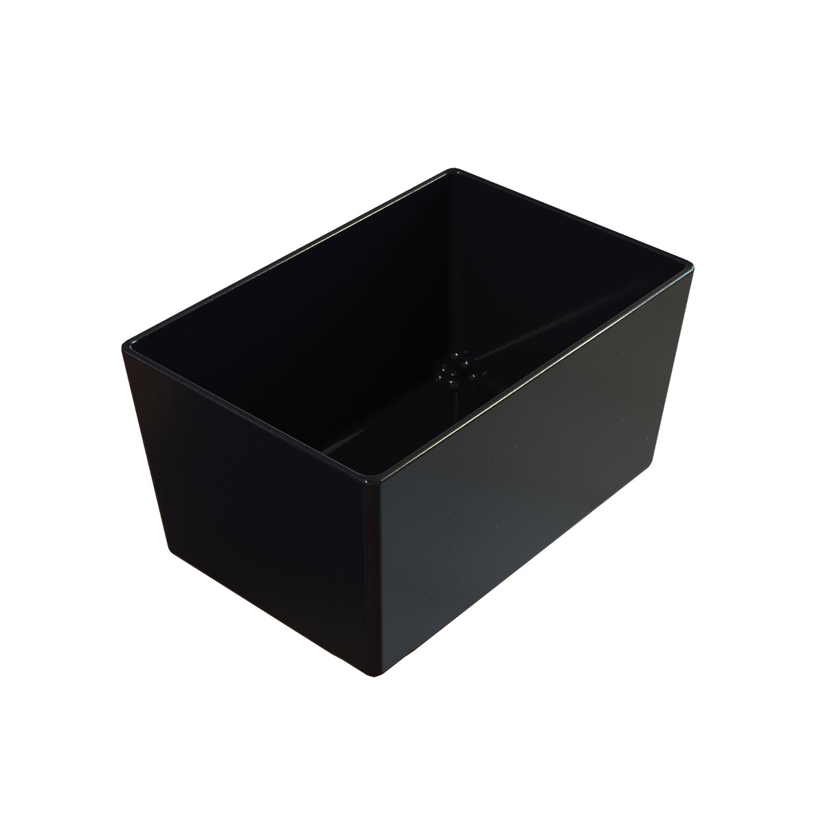 A black, rectangular plastic NSF bowl with smooth, shiny surfaces and straight sides. The container is empty and placed against a white background, viewed from a slightly elevated angle showing the interior and two adjacent outer sides.