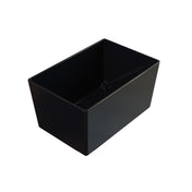 A black, rectangular plastic NSF bowl with smooth, shiny surfaces and straight sides. The container is empty and placed against a white background, viewed from a slightly elevated angle showing the interior and two adjacent outer sides.