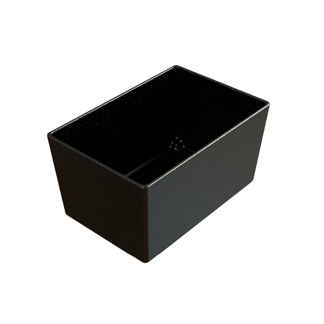 A rectangular, deep black cast aluminum bowl with smooth sides and slightly rounded edges. The speckled pattern offers a subtle texture. This NSF-certified Simple Solutions Bowl is empty and photographed on a white background.