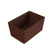 A rectangular, deep, dark brown cast aluminum bowl with smooth sides and sharp edges, viewed from an angle above. The inside of the container is empty, and the background is plain white.