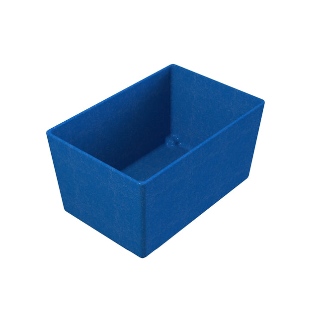 A rectangular, deep blue NSF storage bin with straight sides and slightly rounded corners. The interior is empty, and the matte finish enhances its durability. Photographed against a white background, the bin is angled to show depth and thickness.