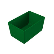 A solid green, rectangular plastic container with smooth sides and an open top, shown angled slightly from above on a white background. The inside of the box is empty and its squared corners resemble those of a classic NSF bowl.