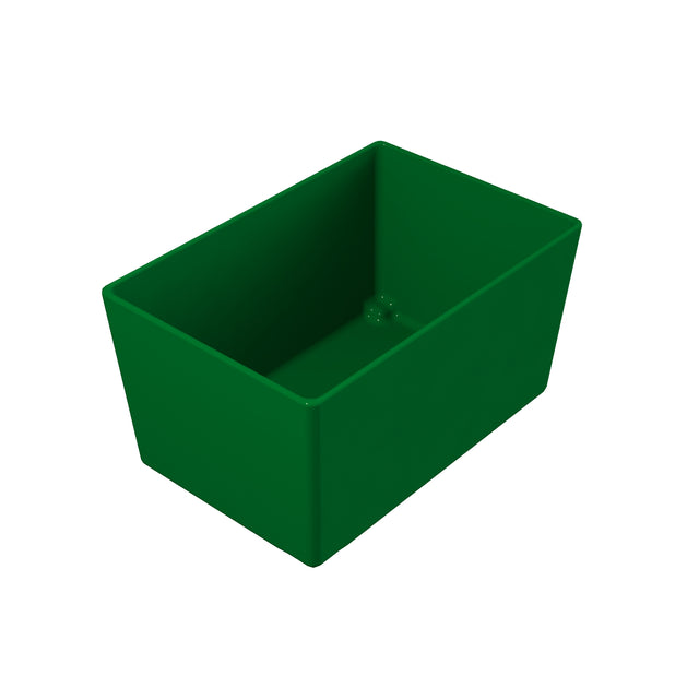 A solid green, rectangular plastic container with smooth sides and an open top, shown angled slightly from above on a white background. The inside of the box is empty and its squared corners resemble those of a classic NSF bowl.