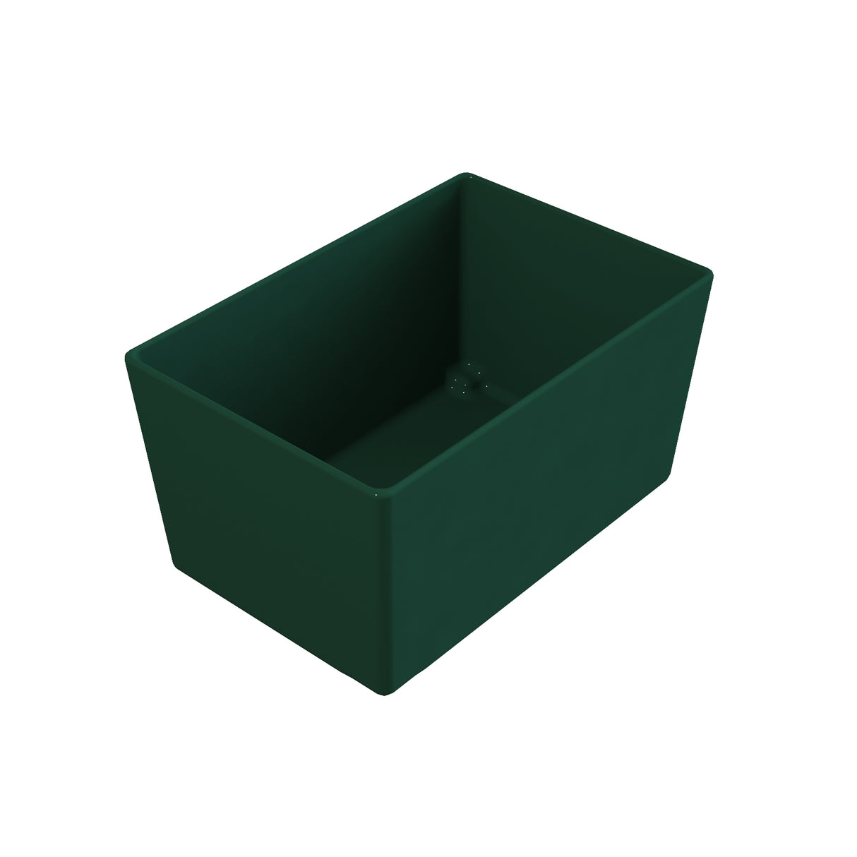 A rectangular, dark green Simple Solutions Bowl with straight sides and a flat bottom is shown against a white background. The empty NSF container is viewed from above, highlighting its spacious interior and depth.