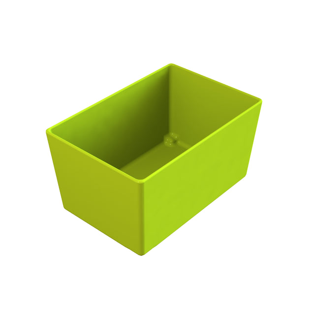 A rectangular, open-top Simple Solutions Bowl in lime green is shown at an angle on a white background. The container has smooth sides, slightly rounded top edges, and two small raised circles on the inner base near one corner.
