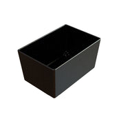 A rectangular, deep black cast aluminum bowl with slightly angled sides and a smooth, glossy surface, featuring small white speckles evenly spread across the exterior and interior, photographed against a plain white background.