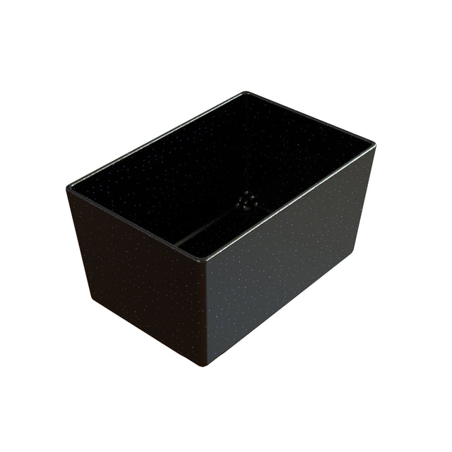 A rectangular, deep black cast aluminum bowl with slightly angled sides and a smooth, glossy surface, featuring small white speckles evenly spread across the exterior and interior, photographed against a plain white background.