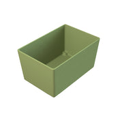 A rectangular, olive-green plastic container with straight sides and a flat bottom is shown against a plain white background. Reminiscent of a Simple Solutions Bowl, its interior is empty and the design features slightly rounded edges.