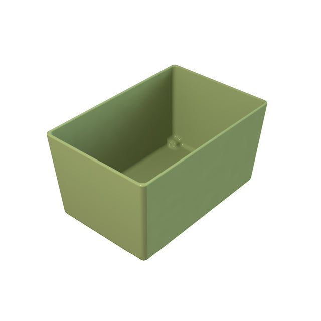 A rectangular, olive-green plastic container with straight sides and a flat bottom is shown against a plain white background. Reminiscent of a Simple Solutions Bowl, its interior is empty and the design features slightly rounded edges.