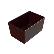 A rectangular, deep, dark brown cast aluminum bowl with smooth sides and sharp corners, viewed at an angle from above against a plain white background. The glossy interior and exterior finish give this NSF bowl a sleek, modern appearance.
