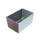 A shiny, rectangular cast aluminum bowl with smooth sides and sharp corners, viewed from above at an angle. The interior is empty and reflective, featuring a small circular indentation at the base. NSF certified. Background is plain white.