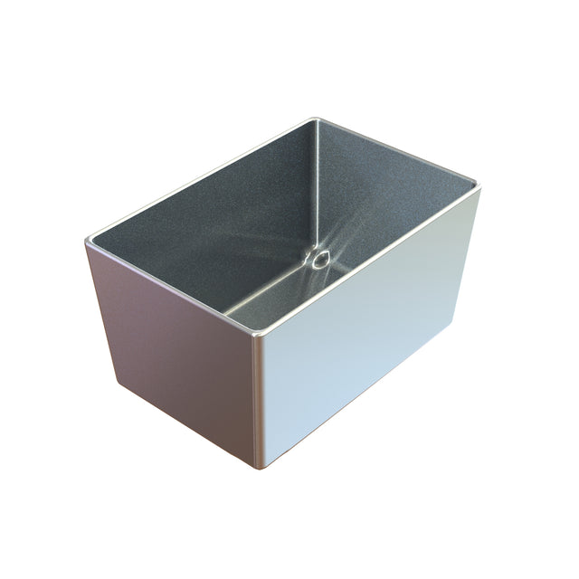 A shiny, rectangular cast aluminum bowl with smooth sides and sharp corners, viewed from above at an angle. The interior is empty and reflective, featuring a small circular indentation at the base. NSF certified. Background is plain white.