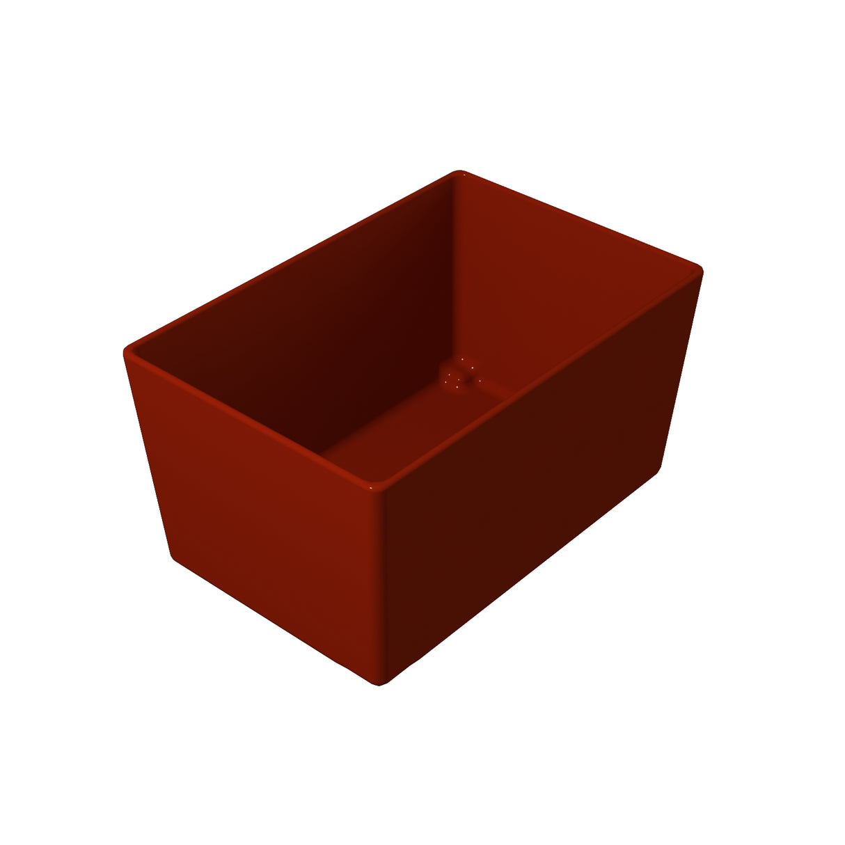 A 3D-rendered image of a rectangular, deep, red Simple Solutions Bowl with straight sides and sharp corners, set against a plain white background. The empty container appears smooth and sturdy, resembling a cast aluminum bowl or NSF bowl.