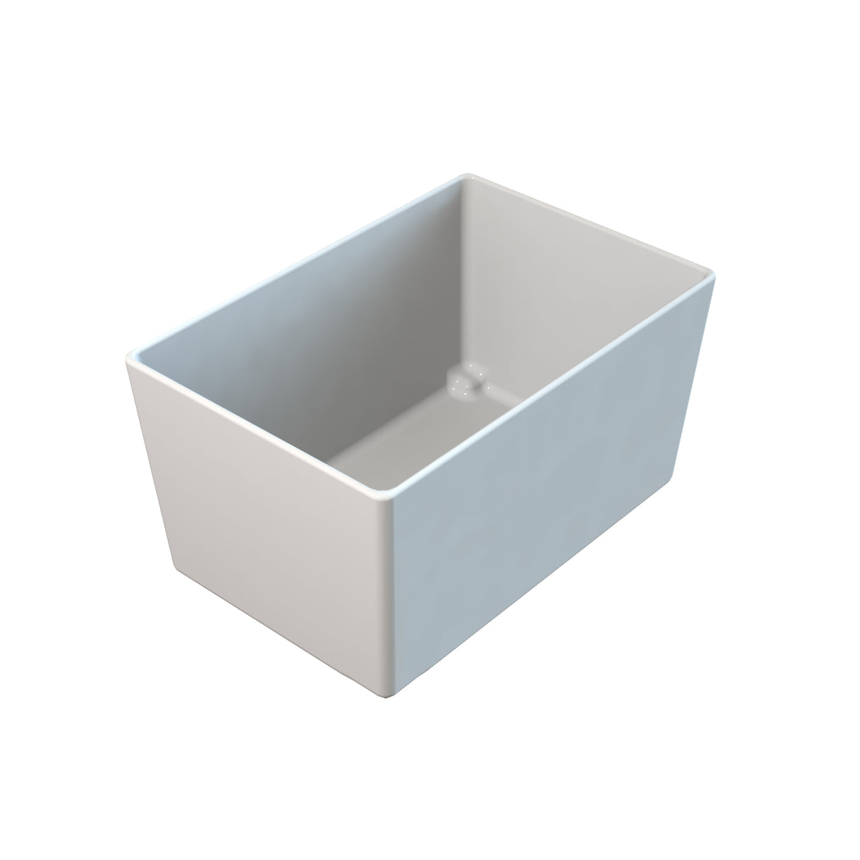 A 3D rendering of a rectangular, white, deep sink basin with smooth surfaces and straight edges, shown against a plain white background. Inspired by the Simple Solutions Bowl design, it has no visible fixtures or handles, emphasizing its minimalist style.