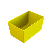 A rectangular, yellow plastic NSF bowl with straight sides and an open top is shown against a plain white background. The interior is empty and the surface appears smooth and glossy.