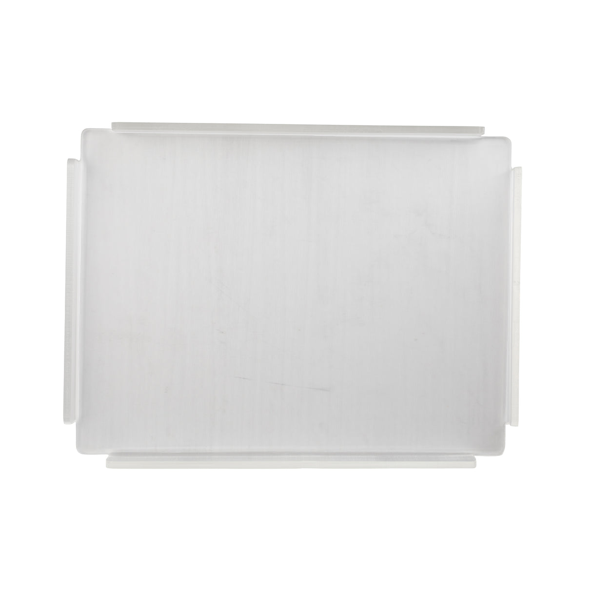 A rectangular, frosted acrylic tray with raised edges on all sides, photographed from above against a white background. The minimalist design offers a perfect cover for Simple Solutions bowls, featuring clean lines and no visible handles or decorations.