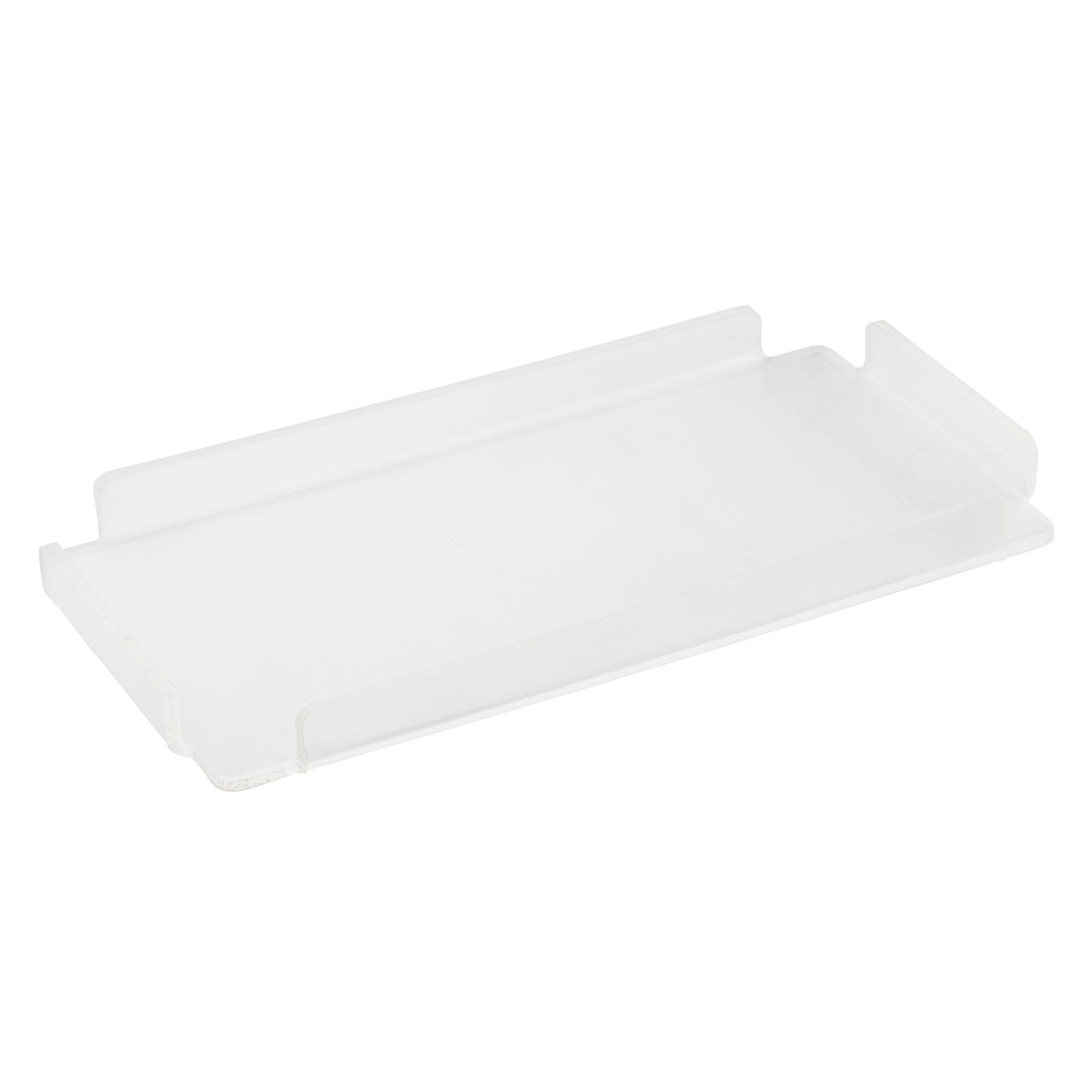 A clear, rectangular acrylic tray with slightly raised edges, shown on a white background. This minimalist TableCraft CW5034 piece is designed to organize small items, and its transparent material gives it a clean and modern look.