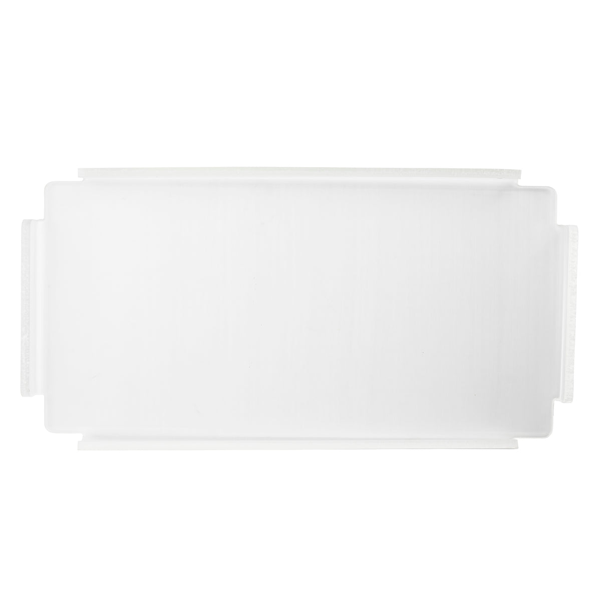 A rectangular, white acrylic tray with slightly raised edges and indented handles on the shorter sides, photographed from above against a white background. The smooth, unadorned surface is ideal as a cover for Simple Solutions bowls.