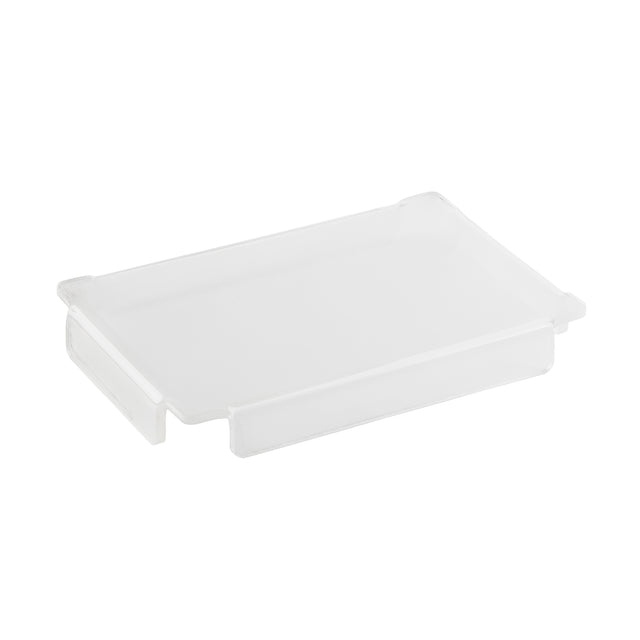 A rectangular, clear acrylic cover from TableCraft with slightly raised edges and a smooth surface, photographed against a plain white background. This lid is designed to fit securely on a matching storage container or bowl.