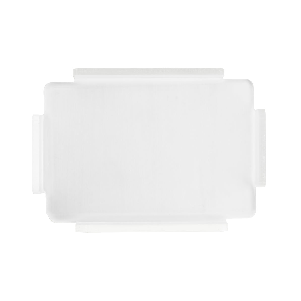 A rectangular, frosted white TableCraft bowl cover with rounded corners and small protruding tabs on each side, viewed from above on a plain white background.