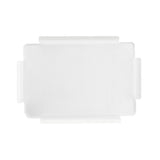 A rectangular, frosted white TableCraft bowl cover with rounded corners and small protruding tabs on each side, viewed from above on a plain white background.