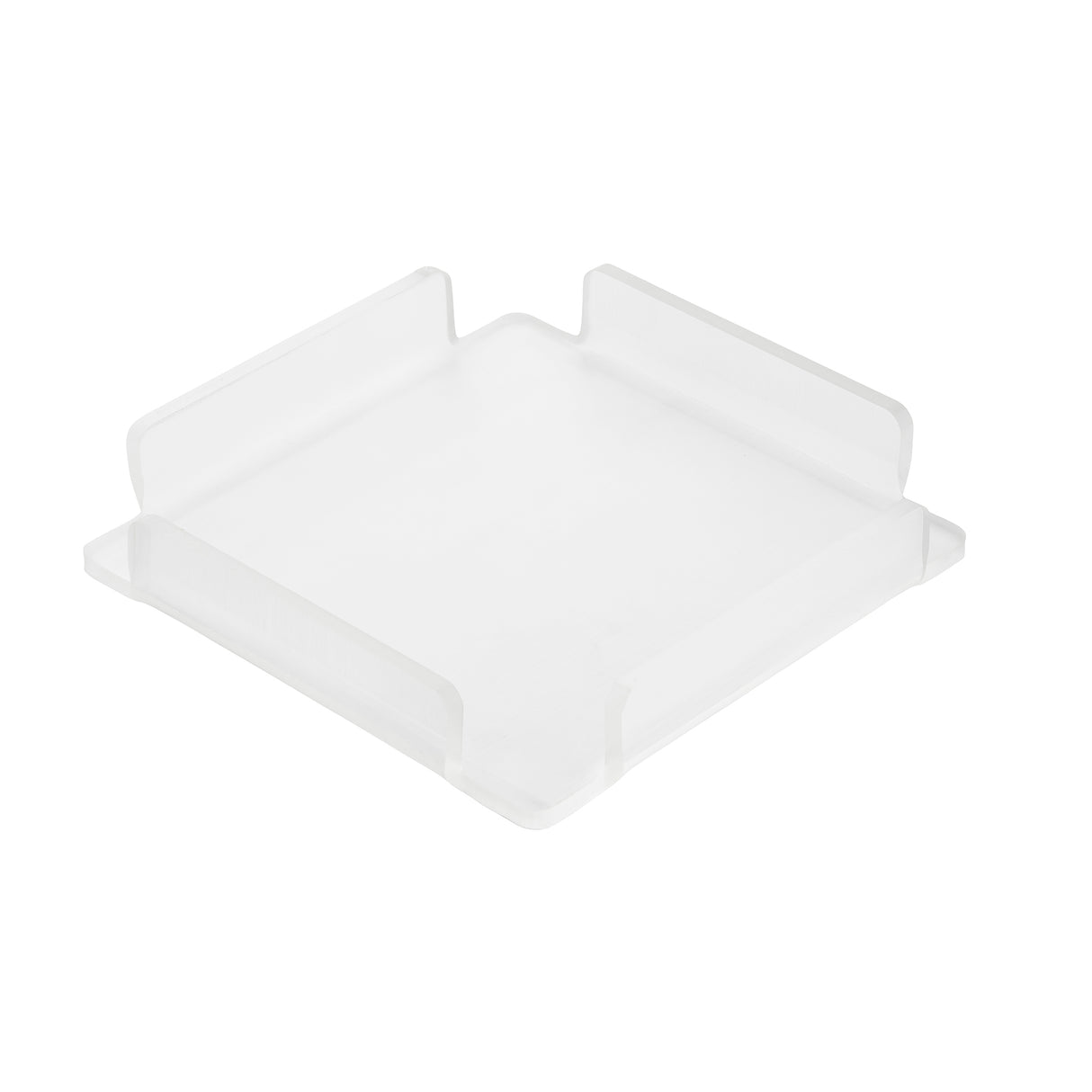 A transparent, square-shaped acrylic tray with raised, outward-sloping edges on all four sides. Positioned against a white background, it showcases its clear, minimalistic design—perfect for organizing Simple Solutions bowls or as a cover.