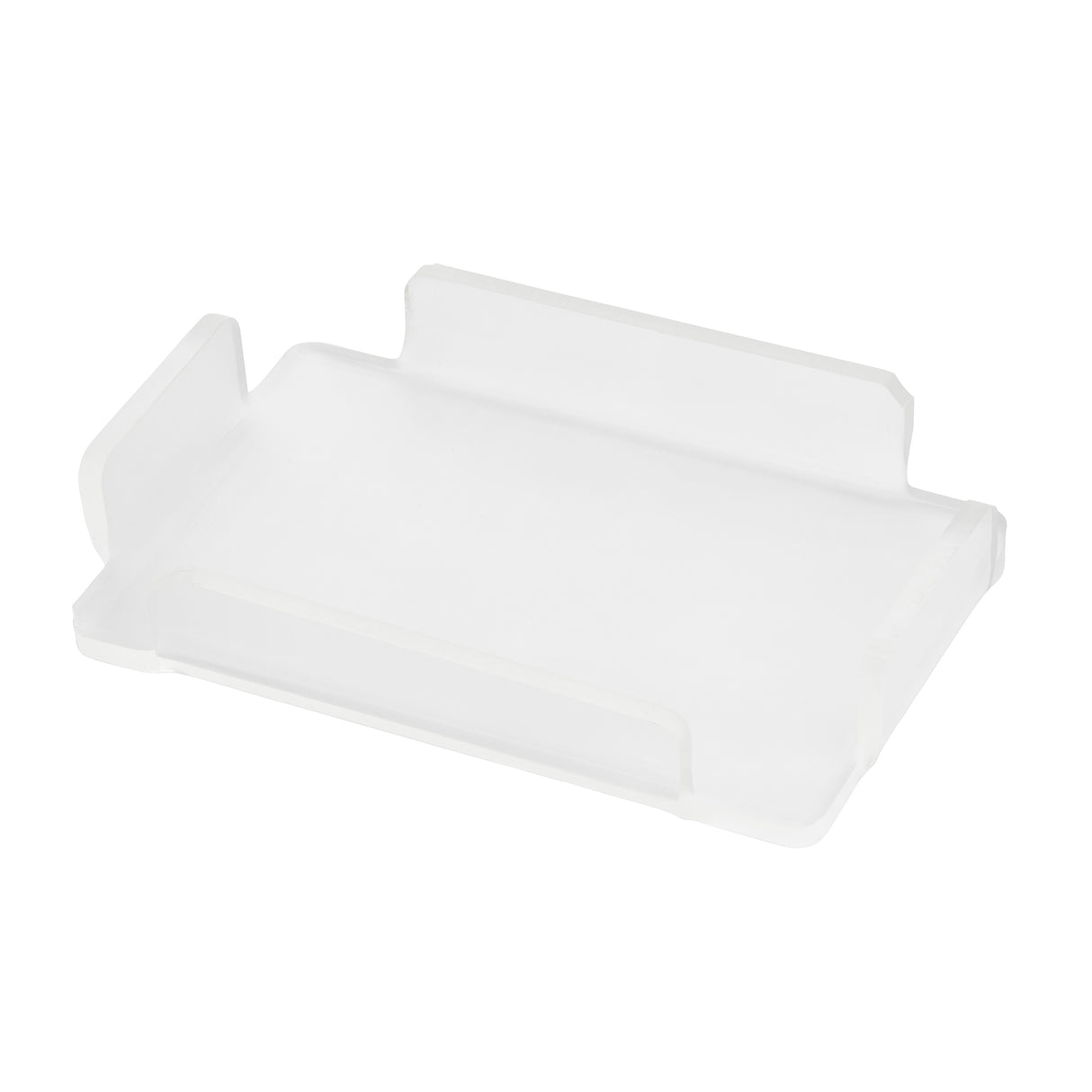 A clear, rectangular acrylic cover with slightly raised edges on three sides, leaving one long side open. The tray is empty and shown on a white background, highlighting its transparent and minimalist design—ideal as a bowl cover or organizer.