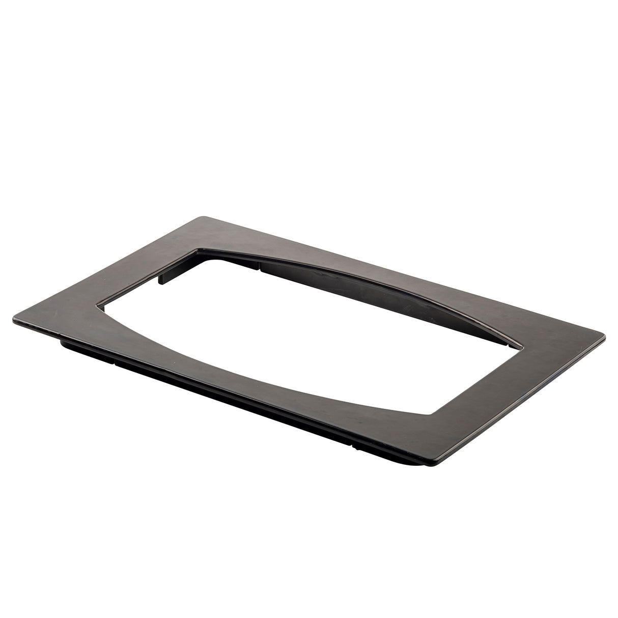 A flat, rectangular, black metal frame with a large oval cutout in the center, crafted from Duracoat coated cast aluminum. The edges are smooth and the minimalist design features clean lines—ideal as a lid or trim for containers.