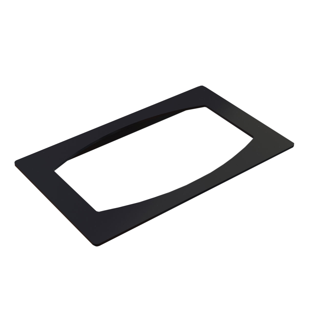 A flat, rectangular black cold food template frame with a large, centered, trapezoid-shaped cutout, photographed on a white background at an angle. The Duracoat coated cast aluminum edges are smooth and the surface has a matte finish.
