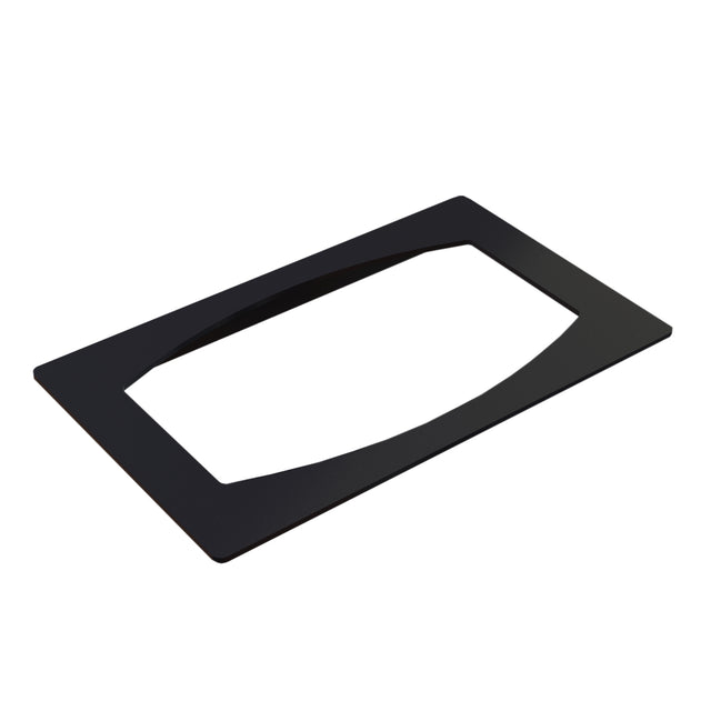 A black, rectangular cold food template with rounded edges and a large cutout in the center, made from Duracoat coated cast aluminum. Photographed against a white background at an angled perspective, the surface appears smooth and matte.