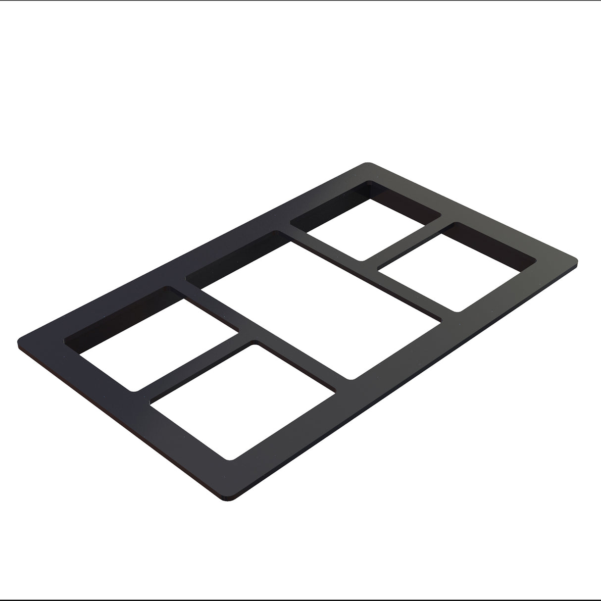 A black Duracoat coated cast aluminum rectangular frame with five open slots of varying sizes in two rows, photographed on a white background. The thin, flat design suggests use as a cold food template or for organizing items like cards or components.