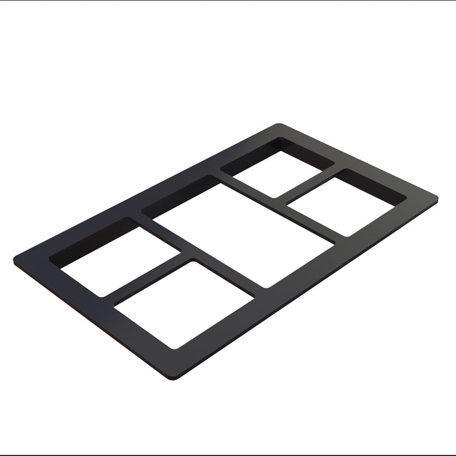 A black, rectangular Duracoat coated cast aluminum frame with five rectangular cutouts of varying sizes, arranged in a grid pattern. The frame is shown at an angle on a white background, giving a three-dimensional appearance.