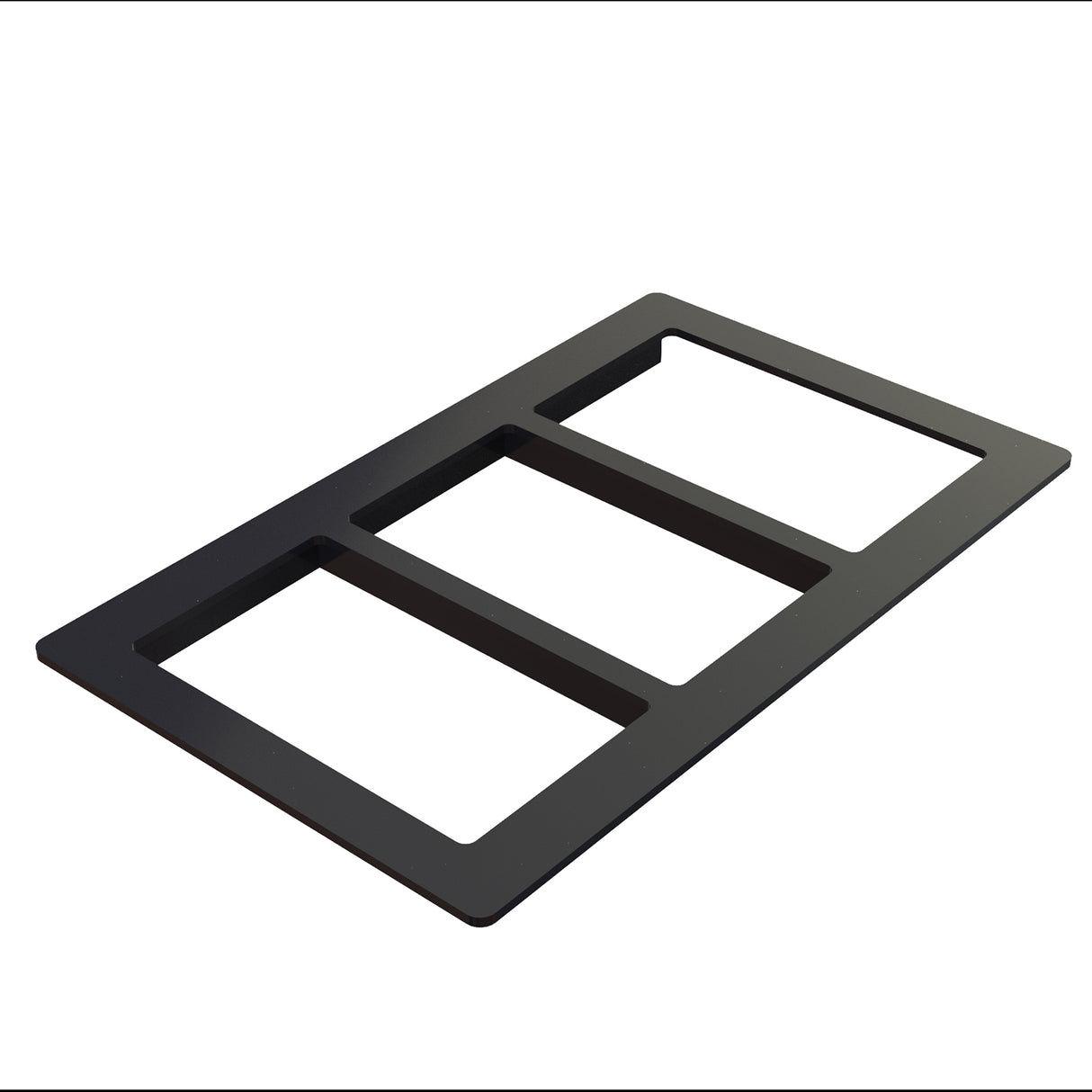 A black, rectangular, three-gang wall plate with three open slots, made from Duracoat coated cast aluminum for durability. Viewed at an angle against a white background, it’s designed to cover and organize three wall switches or outlets.