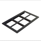 A black rectangular Duracoat coated cast aluminum frame with six evenly spaced rectangular cutouts arranged in two rows of three, shown at an angle on a white background. The frame appears to be a cold food template or outlet cover plate.