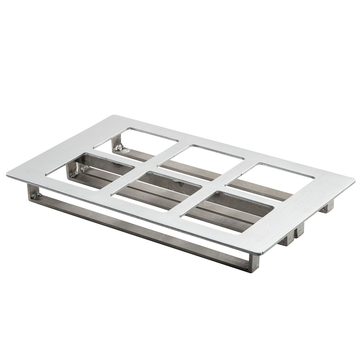 A rectangular aluminum floor drain cover with six rectangular openings in two rows. The flat, brushed surface features a modern, minimalist design with smooth edges and a support frame beneath for slight elevation. Dishwasher safe for easy cleaning.