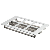 A rectangular aluminum floor drain cover with six rectangular openings in two rows. The flat, brushed surface features a modern, minimalist design with smooth edges and a support frame beneath for slight elevation. Dishwasher safe for easy cleaning.