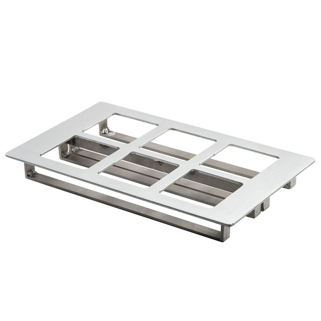 A rectangular aluminum floor drain cover with six rectangular openings in two rows. The flat, brushed surface features a modern, minimalist design with smooth edges and a support frame beneath for slight elevation. Dishwasher safe for easy cleaning.
