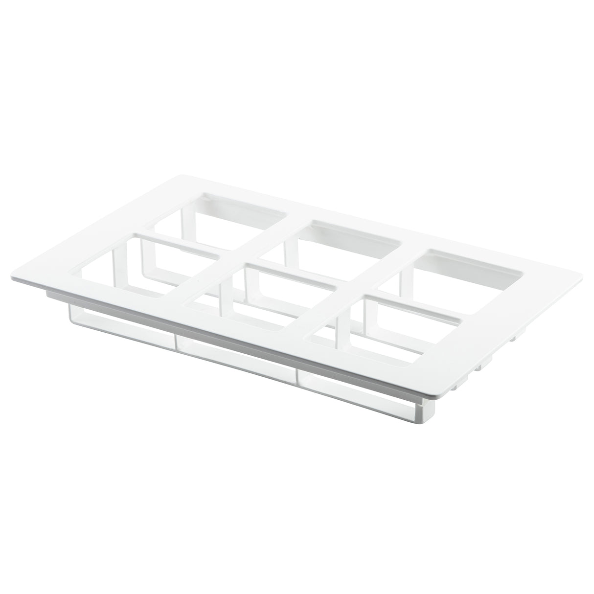 A white plastic rectangular vent cover with three open grid sections and a flat border. The simple, modern design suits wall, floor, or ceiling ducts and is dishwasher safe for easy maintenance.