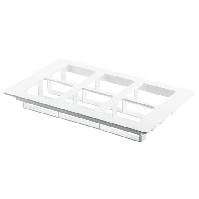 A white plastic rectangular vent cover with three open grid sections and a flat border. The simple, modern design suits wall, floor, or ceiling ducts and is dishwasher safe for easy maintenance.